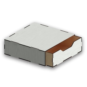 May include: A white wooden box with a drawer that is partially open. The drawer is made of wood with a brown stain.