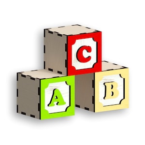 May include: Three wooden blocks stacked on top of each other, each with a different letter of the alphabet. The top block is red and has the letter "C" on it. The middle block is natural wood and has the letter "B" on it. The bottom block is green and has the letter "A" on it.