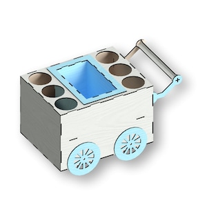 May include: A wooden ice cream cart with a blue ice cream container and wheels. The cart has six slots for ice cream cones.