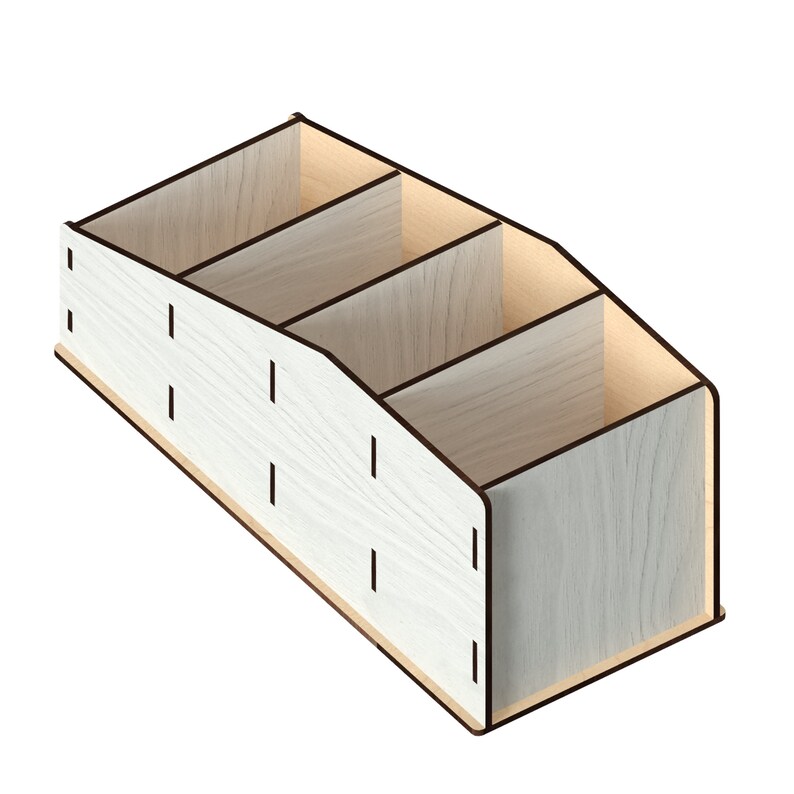 May include: A white wooden desk organiser with four compartments. The organiser is made of wood with a light wood grain finish.