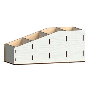May include: White wooden desk organiser with four compartments. The organiser has a slanted design and is made of wood with a light wood grain pattern.