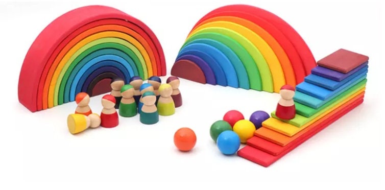 Rainbow stacker wood toy Montessori rainbow Waldorf Sorting Stacking Wooden toys Rainbow tower Wooden toys for babies 10 Pcs pieces Large Caramel