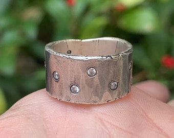 Hand Forged Hammered Solid Sterling Silver, Raw Rough Edge Rustic Wedding Ring Band with Scattered Diamonds, 10mm Wide