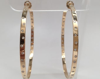 Solid Gold Flat Wire Hopscotch Etoile Scattered Diamonds Post Hoop Earrings, 14K Yellow Pink or White, 0.75" 1" 1.5" 2" 2.5"