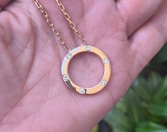 Love is Love Solid Gold Chunky Circle Necklace with Bezel Set Genuine Diamonds and/or Rainbow Sapphires, Attached Diamond Cut Chain