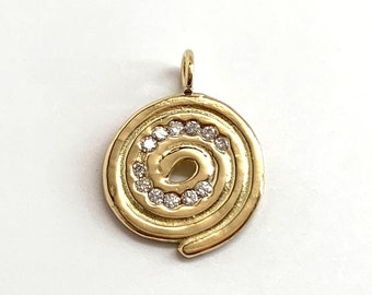 Solid 14K 18K Swirling Spiral Wave Pendant Only Charm Necklace, Yellow or White Gold, Genuine Diamonds