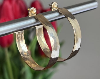 Hammered Convex Really Big Light Weight 8mm Wide Hand Forged Post Hoop Earrings, 14K Micron Gold Vermeil Plated Sterling Silver