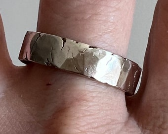 Recycled Raw Edge Rustic Solid Gold Rough Hammered Alternative Wedding Ring Band 5-6mm Unisex 14K 18K 22K