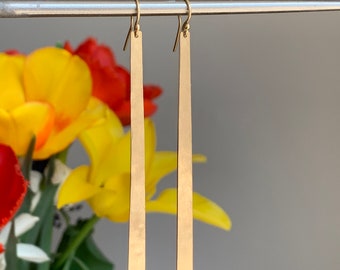 18K 14K Graduated Long Tapered Bar Stick Earrings, Tapered 2.5" or 3.5" Drop, Solid Yellow Gold