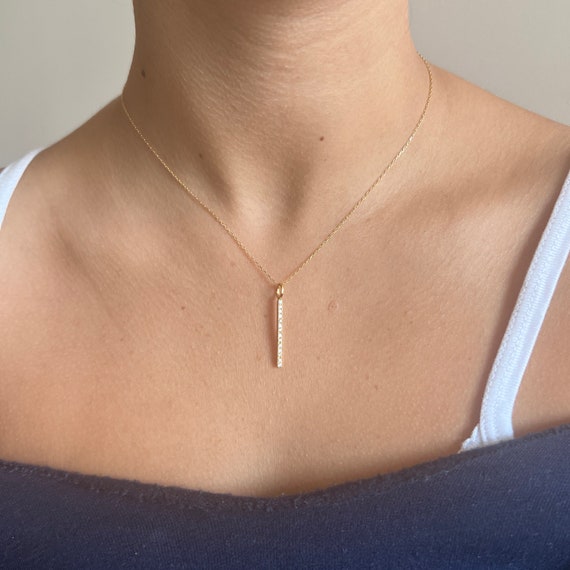 Long Pave Diamond Stick Bar Pendant Only Necklace 18K or 14K