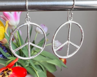 Small Peace Sign Earrings on Earwire, Solid Hand Hammered Sterling Silver or 14K Micron Gold Plated Vermeil