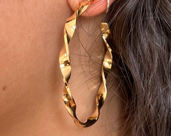Twist Ribbon Hoop Earrings,  1" 1.5" 2" 2.5" 3", Sterling Silver 14K Yellow Micron Vermeil Plated
