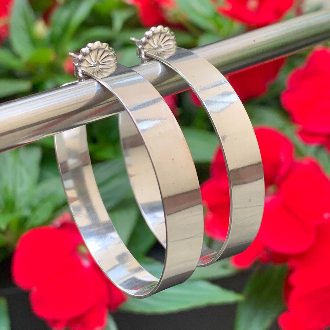 Big 8mm Wide Hand Forged Post Hoop Earrings, Light & Comfortable, Solid ...