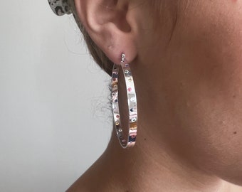 Rainbow Sapphire Hopscotch Scattered 14K Yellow or White Gold 4mm Wide Flat Wire Hoop Earrings 1" 1.5" 2" 2.5"