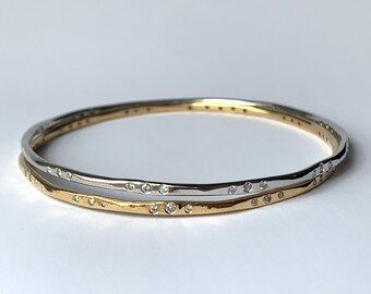 Genuine Diamond Solid Gold Slip On Stacking Bangle Bracelet, 18K or 14K Yellow or White Gold, Hand Planished Hammered Puddle Stations