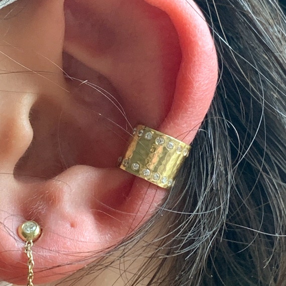 Solid Gold Diamond Edge Rows Hand Hammered Not Pierced Ear Cuff