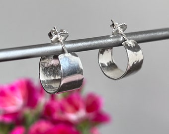Little Convex Sterling Silver Hand Hammered Tapered Hoops, Large Lightweight Forged Earrings 5/8”