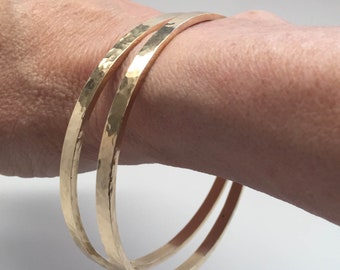 Hammered 14K 18K Hand Forged Solid Gold Chunky Stacking Slip On Bangle Bracelet, Yellow Gold, 4mm X 2mm Flat Wire