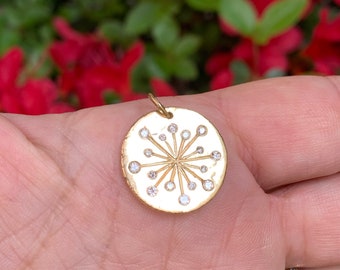 Large Sun Star Circle Disk Engraved Pendant Charm Only Necklace, Solid 14K 18K Yellow Gold 3/4” Solar Lunar Eclipse Collection