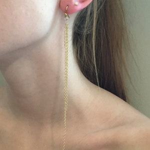 18K 14K Chain Tassel Shoulder Duster Ear Wire Earrings, Yellow or White Solid Gold image 2