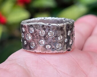 Chunky Raw Edge Recycled Rustic Sterling Silver Scattered Hopscotch Etoile Diamond Ring