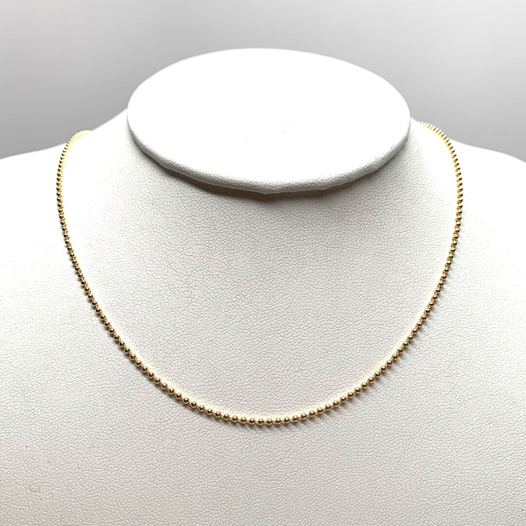 1.5mm 14K Solid Gold Bead Ball Chain Necklace Oblong Lobster Clasp