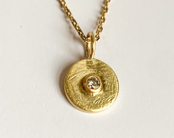 Center Bezel Set Diamond Solid Gold Hammered Round Coin M&M Disk Charm Necklace