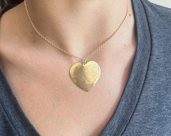 Love is Love Solid Gold Really Big Large Flat Heart Pendant Only 1.5" Charm Necklace, 14K 18K