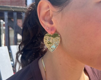 1.5" Double Love Earrings, Solid Gold Really Big Large Flat Heart Ear-wire 14K 18K Hand Sawed