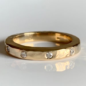 Genuine Diamond 18K 14K 22K Chunky Hand Forged Solid Gold Stacking Ring, Hammered Hand Milled Square Wire 3mm Wide