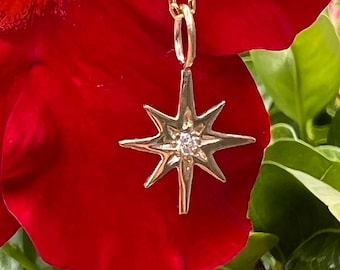 Diamond Center North Star Symmetrical Polaris Pendant Only Charm Necklace Center Star Carved Setting, 14K 18K Solid Gold