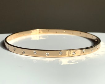 Genuine Scattered Diamond Hopscotch Solid Gold Chunky Stacking Slip On Bangle Bracelet, 18K or 14K Yellow or White Gold,  4mm X 1.5mm