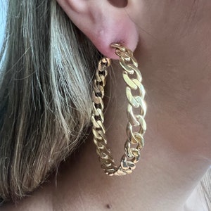 Chunky Big Wide Curb Chain Hoop Earrings,  14K Gold Micron Yellow Vermeil Plated 1" 1.5" 2" 2.5" 3"