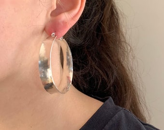 Sterling Silver Concave Saddle Basket Ruffle Hoops, Small Wide Lightweight Hand Forged Hammered Tapered Anticlastic Hoop Earrings