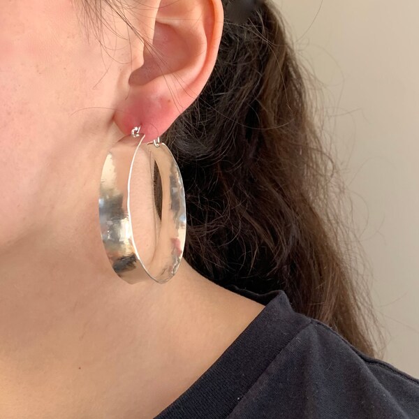 Sterling Silver Concave Saddle Basket Ruffle Hoops, Small Wide Lightweight Hand Forged Hammered Tapered Anticlastic Hoop Earrings