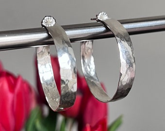 8mm Wide Hammered Convex Hand Forged Post Hoop Earrings, Light & Comfortable, Solid Sterling Silver, 1.5" 2" 2.5" 3"