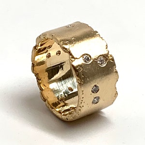 Raw Edge Recycled Hand Forged Hammered Solid Gold 14K 18K 22K Yellow Rustic Wedding Ring Band Scattered Diamonds, 10mm