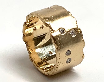 Raw Edge Recycled Molten Hand Forged Hammered Solid Gold 14K 18K 22K Yellow Rustic Wedding Ring Band Scattered Diamonds, 10mm