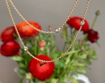 18K 14K Gold Diamonds by the Yard or Inch Puddle Station Necklace, Genuine Round Brilliant Diamonds, Custom Length