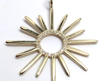 18K 14K Solid Gold Big Star Flower Sun Pendant Only Charm Necklace, with Genuine Pave Diamond Center, 1.5"