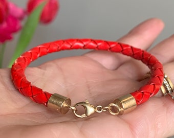 Bright Red Kabbalah 5mm Bolo Genuine Leather Cord Protection Bracelet, Solid 14K 18K Gold Thick Walled Handmade End Caps, Lobster Charm Lock