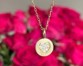 Pave Diamond Carved Classic Heart Solid Gold Round Coin M&M Disk Charm Necklace