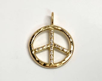 Solid 14K 18K Diamond Encrusted Peace Sign Pendant Only Charm Necklace, Yellow or White Gold