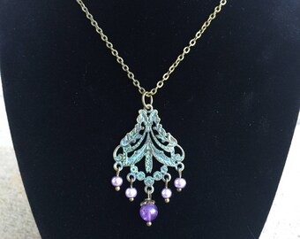 Patina Art Nouveau Chandelier Necklace, Vintage Inspired, Verdigris