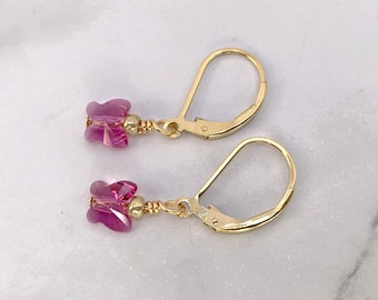 Tiny pink butterflies gold lever back dangle earrings, small earrings for girls, light crystal drop earrings, fuschia gold