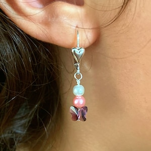 Sterling silver leverbacks crystal butterflies dangle earrings for little girls, purple and pink girls earrings, gift for little girls