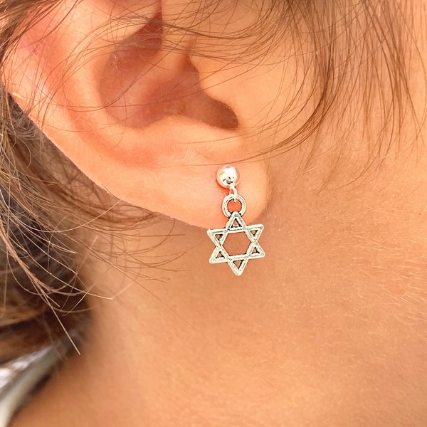 Tiny Magen Star of David drop earrings with sterling silver ball posts, minimalist Jewish jewelry, 6 pointed star, Bat Mitzvah present