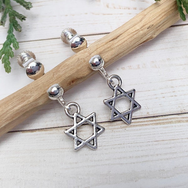 Star of David drop earrings with silver adjustable clip on, non pierced ears small dangle earrings, Hanukah Bat Mitzvah present, Jewish
