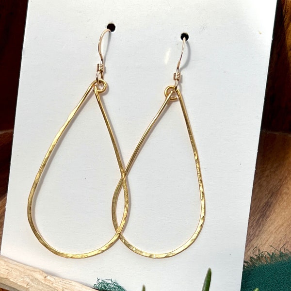 Teardrop hammered hoop earrings, gold hooks minimalist thin dangle earrings