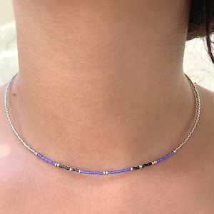 Minimalist Beaded Choker: Purple, Black & Silver Seed Beads